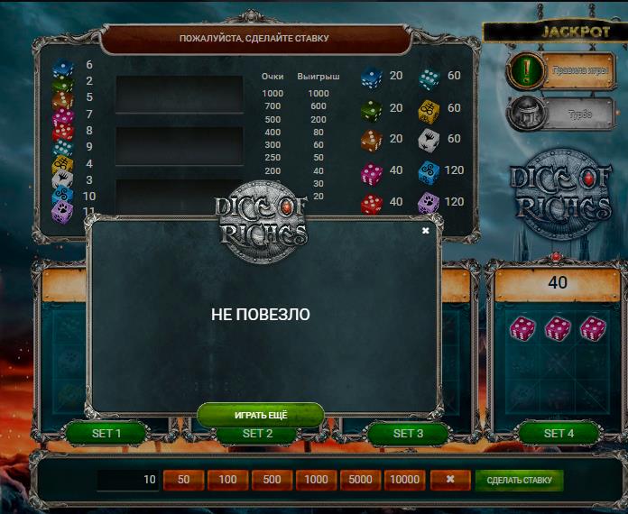 Сообщение о проигрыше в Dice of Riches Сообщение о проигрыше в Dice of Riches